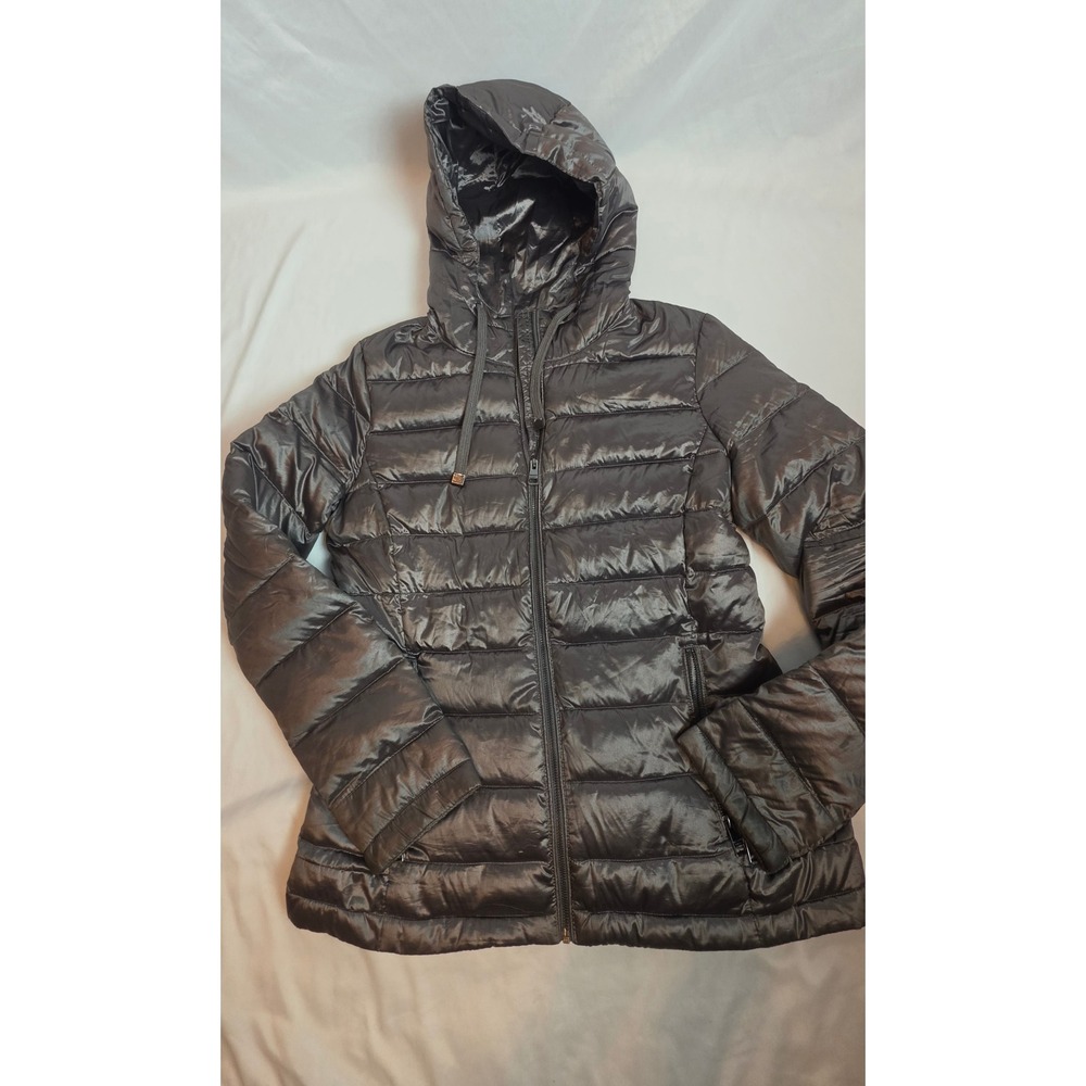 Andrew Marc Gunmetal Metallic Down Puffer Jacket Women XS Packable Gray Hooded